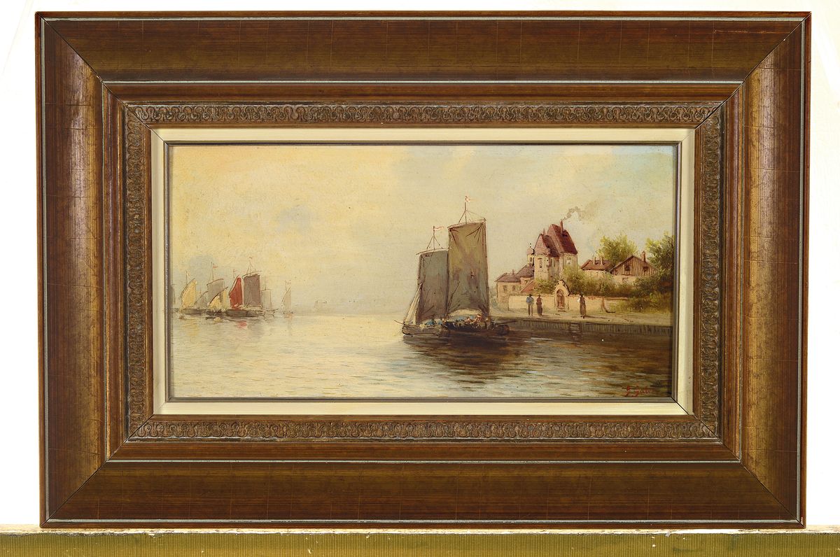 Detail k: G. Salvi, Pseudonym des Adolf Kaufmann, 1848 Troppau-1916 Wien, Fischerboote vor der Stadt, Öl/Holz, rechts unten signiert, ca. 15.5x31.5cm, R. ca. ...