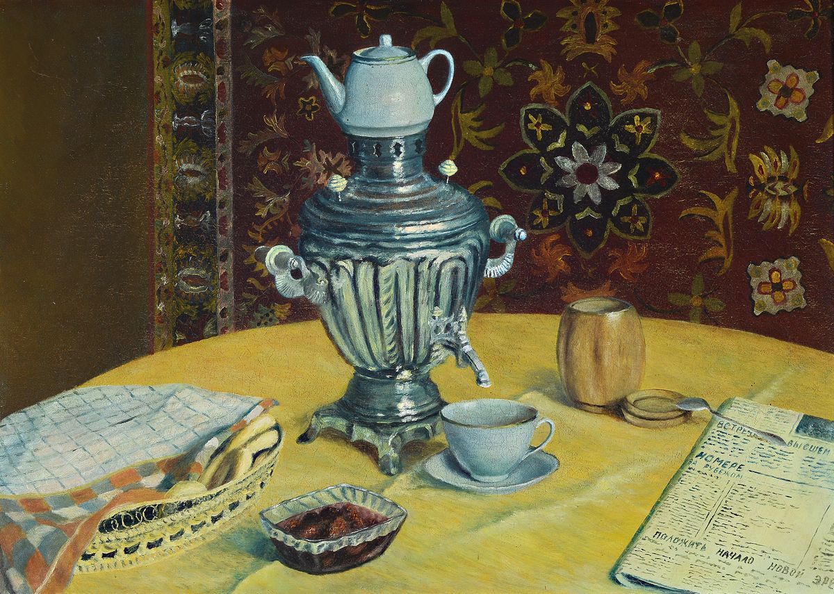 Zuschreibung: Eduard Moiseevich Puterbrot, 1940-1993 Makhachaka/Dagestan, Künstler im Duktus des sovjetischen Realismus, Frühstücks-Stillleben mit ...