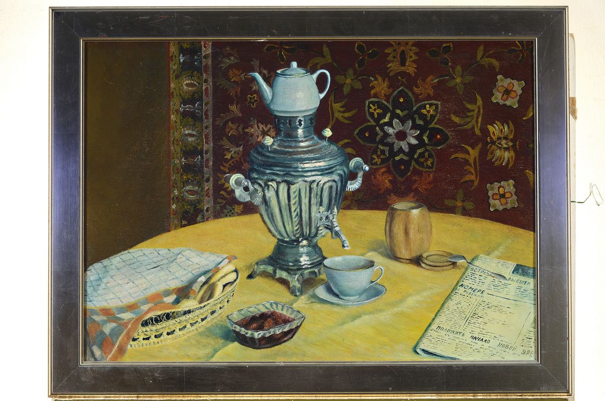 Detail k: Zuschreibung: Eduard Moiseevich Puterbrot, 1940-1993 Makhachaka/Dagestan, Künstler im Duktus des sovjetischen Realismus, Frühstücks-Stillleben mit ...