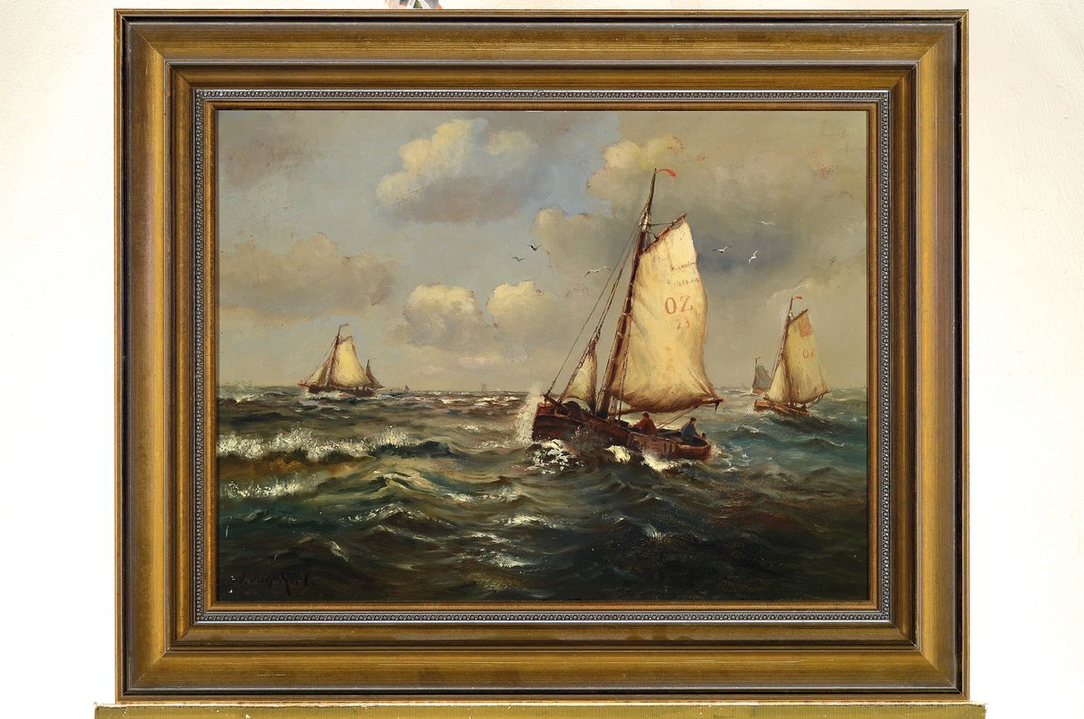 Detail k: Jan van Riel, 1907-1988, Ausfahrt bei starker Dünung, rückseitig so betitelt, Öl/ Malkarton, links unten signiert, ca. 45x59cm, R. ca. 60x75cm