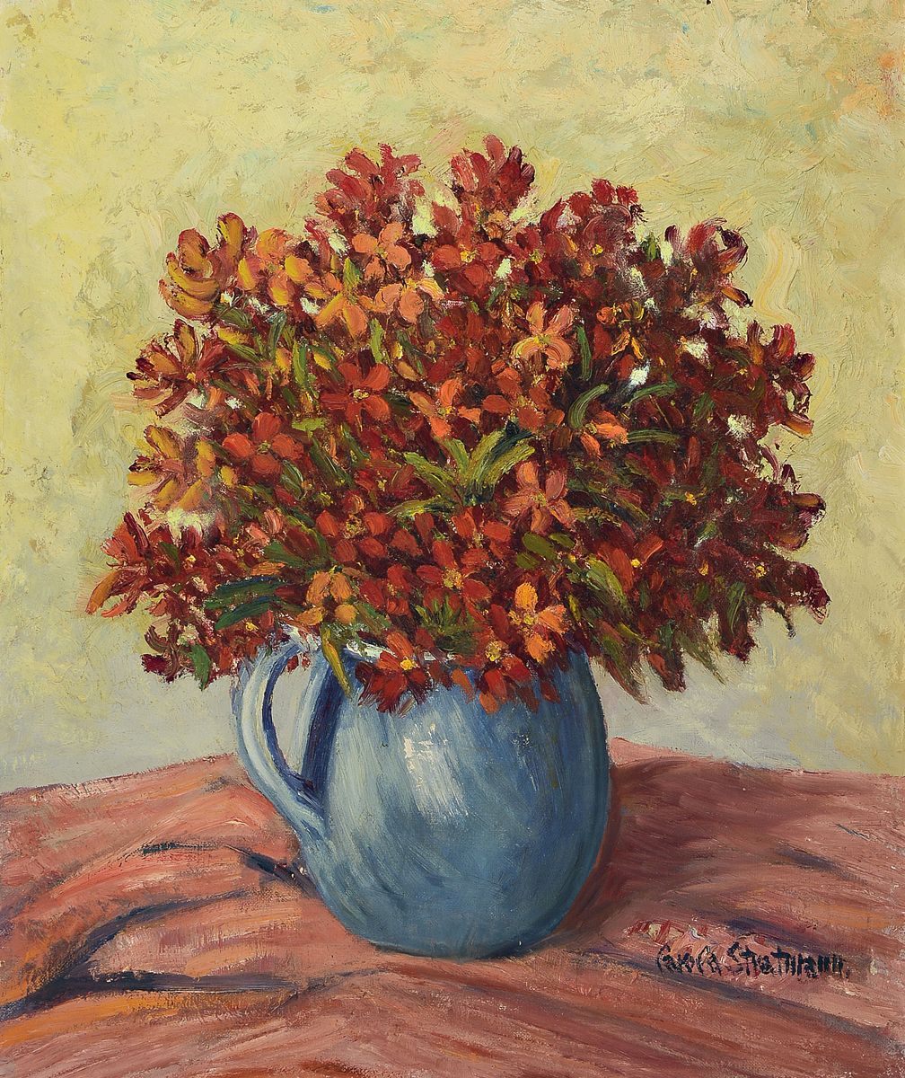 Carola Stratmann, 1881 Hamburg-1950 München,Stillleben mit Blumen im blauen Krug, Öl/ Hartfaser, rechts unten signiert, ca. 60x50cm, R. ca. 74x64cm