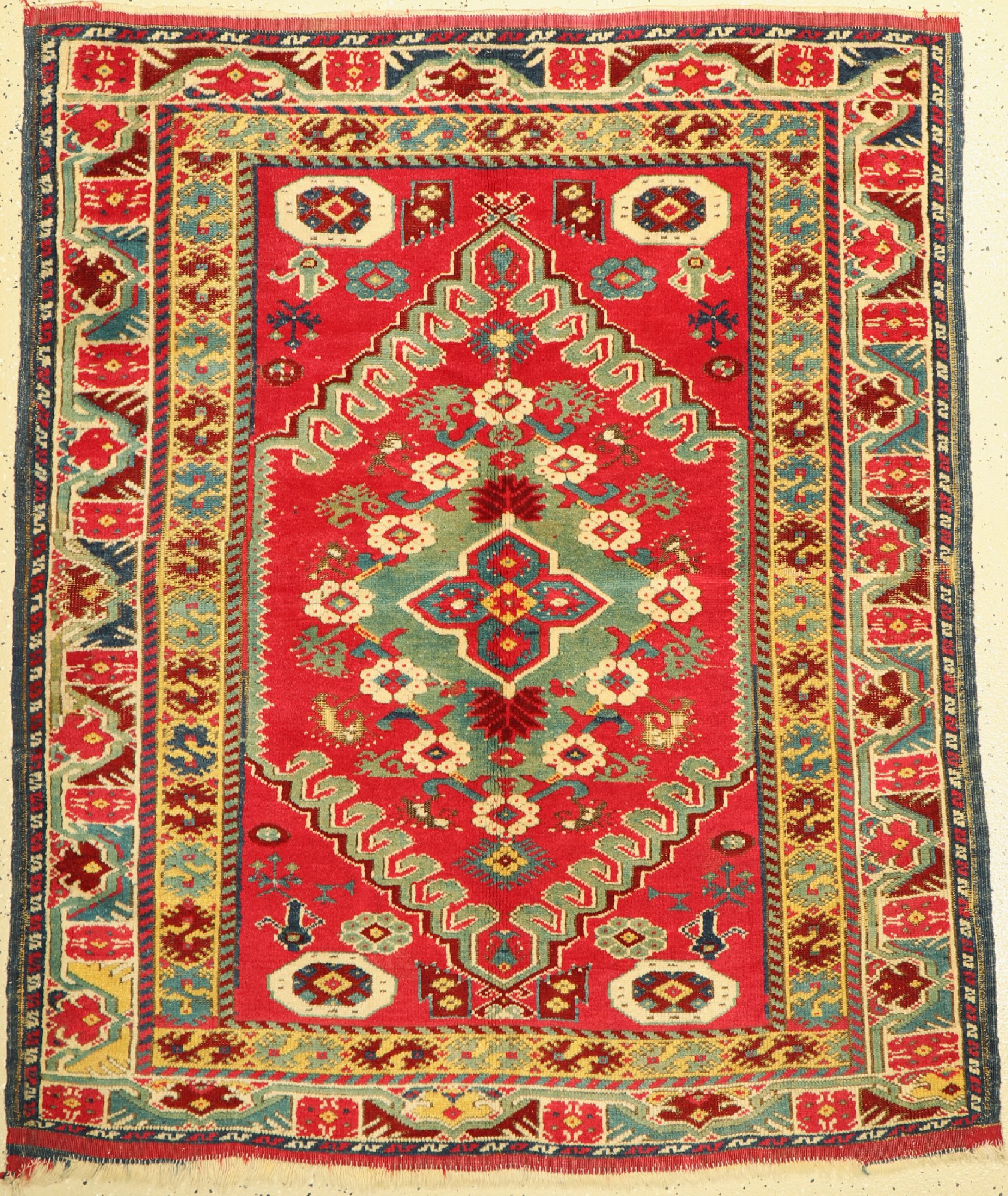 Westanatolischer, Doppelnischen-Teppich, Türkei, 19. Jhd, Wolle auf Wolle, ca, 160 x 134 cm, EHZ:(oxidiert,Original Ränder und Abschlüße).