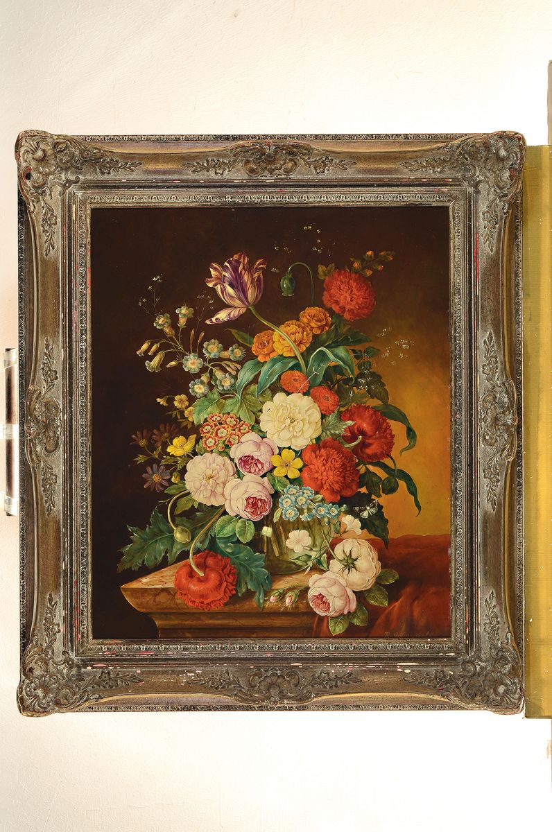 Detail k: Oskar Robert Dogarth, 1898-1961 Wien, Üppiges Blumenstillleben im alt flämischen Stil, Öl/Hartfaser, rechts unten signiert, ca. 60x50cm, R. ca. ...