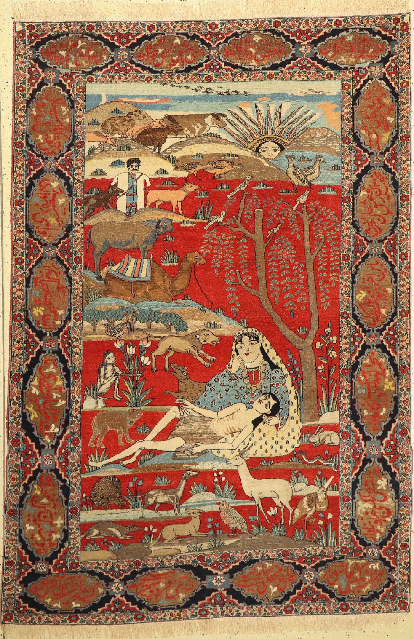 Täbriz antik, Persien, datiert(1237), 1859, Wolle auf Baumwolle, ca. 215 x 147 cm, EHZ:( guter Zustand).Abbildung aus der Geschichte von Leila und ...