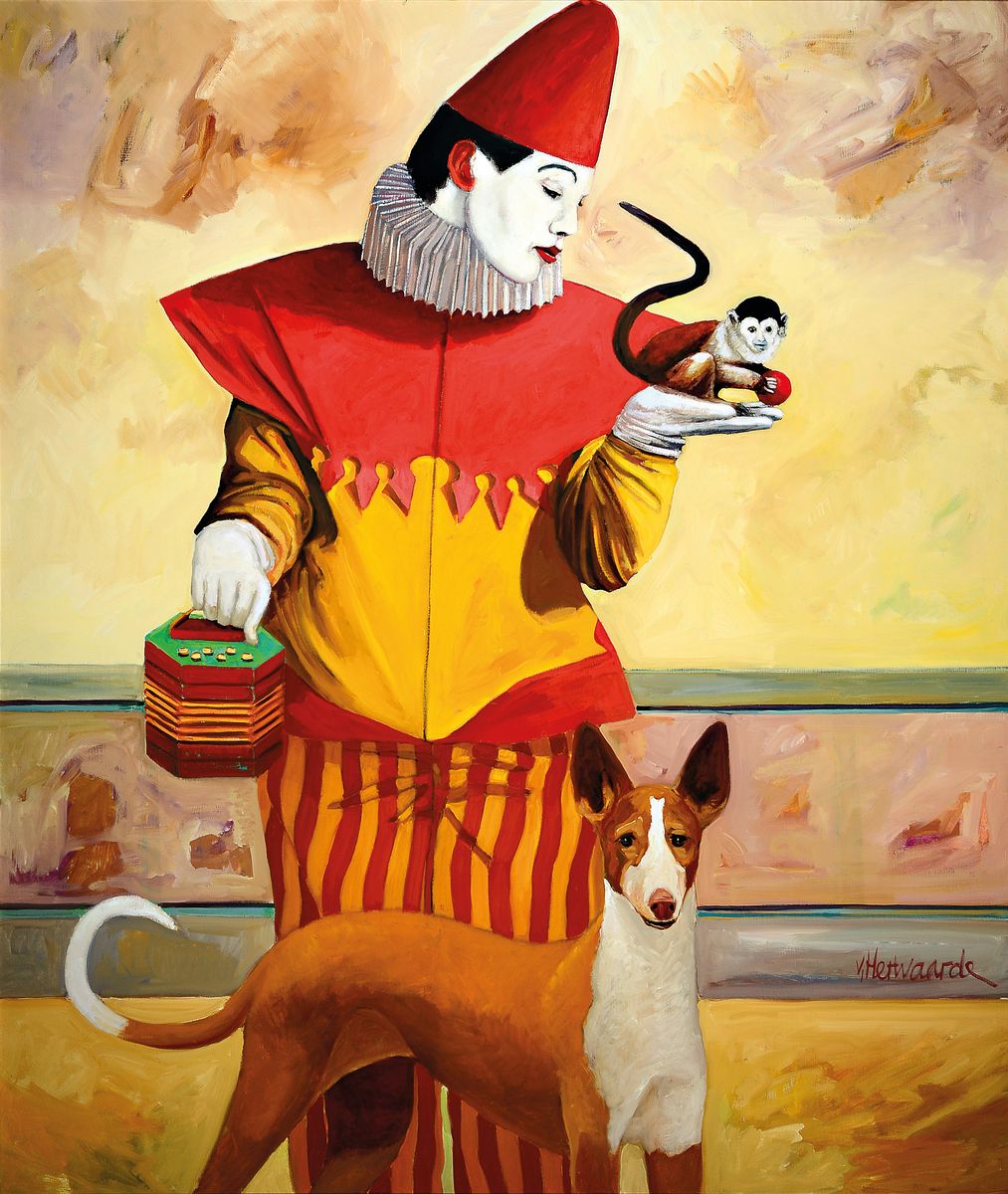 George Stanislaus VAN Herwaarde, 1938-2011, "Pierrot mit Affe und Hund", Öl/Lwd, re. unten sign., 223x185 cm
