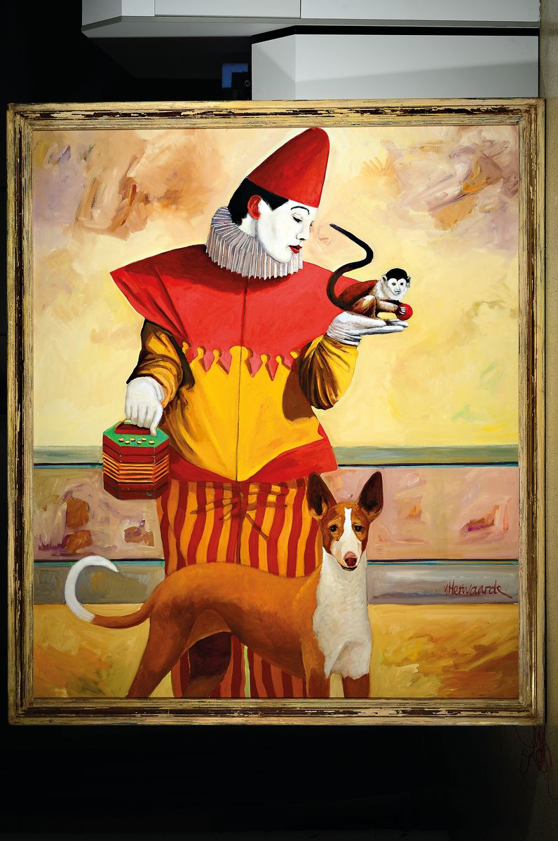 Detail k: George Stanislaus VAN Herwaarde, 1938-2011, "Pierrot mit Affe und Hund", Öl/Lwd, re. unten sign., 223x185 cm