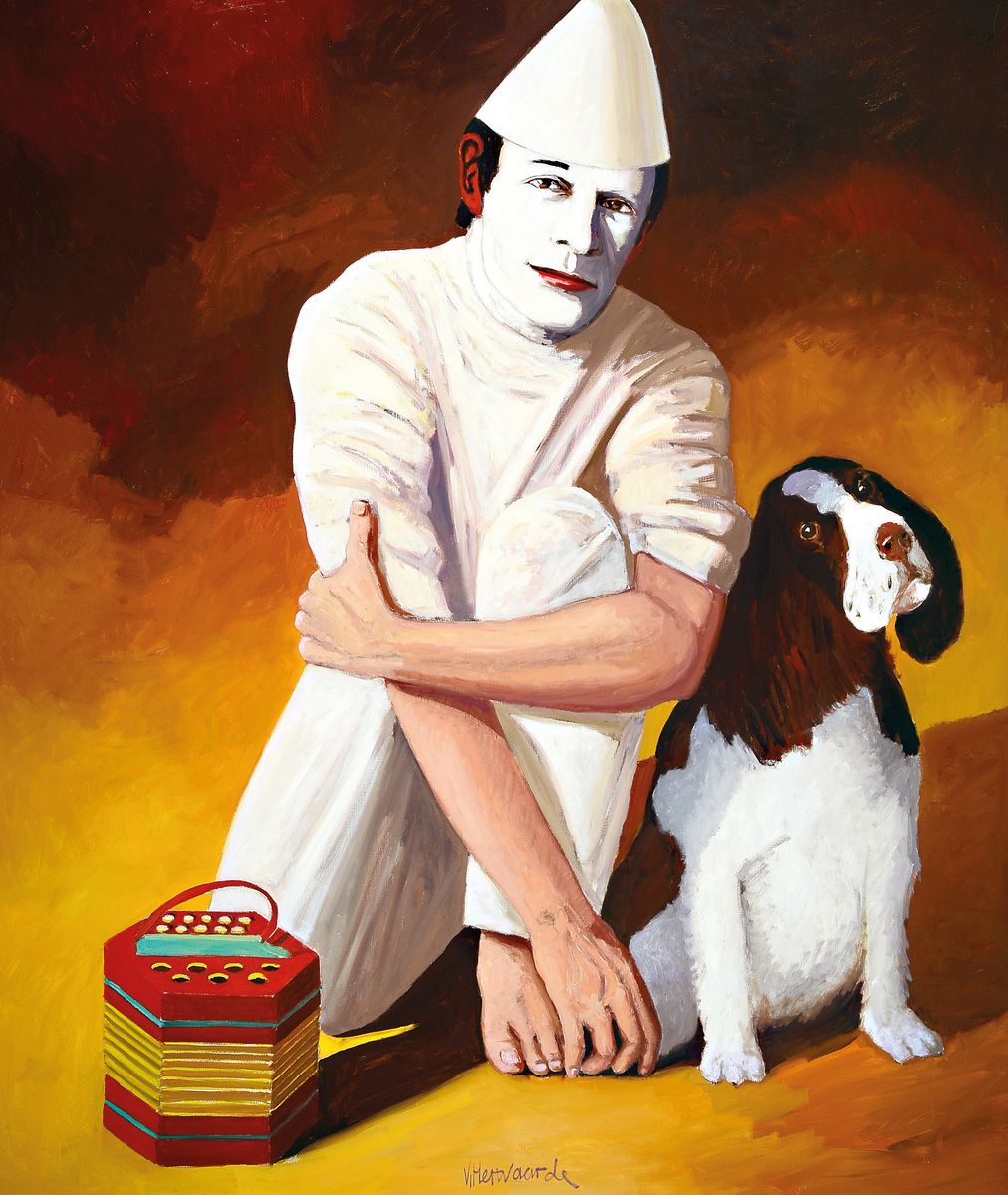 George Stanislaus Van Herwaarde, 1938-2011, "Pierrot mit Hund", Öl/Lwd unten mittig sign., 223x185 cm
