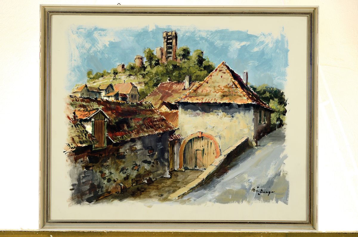 Detail k: Heiner Deege, 1920-2007 Haßloch, Blick auf Wachenheim mit der Burgmühle und derBurg, Gouache auf Papier, rechts unten signiert, ca. 34x42cm, u.Gl., ...