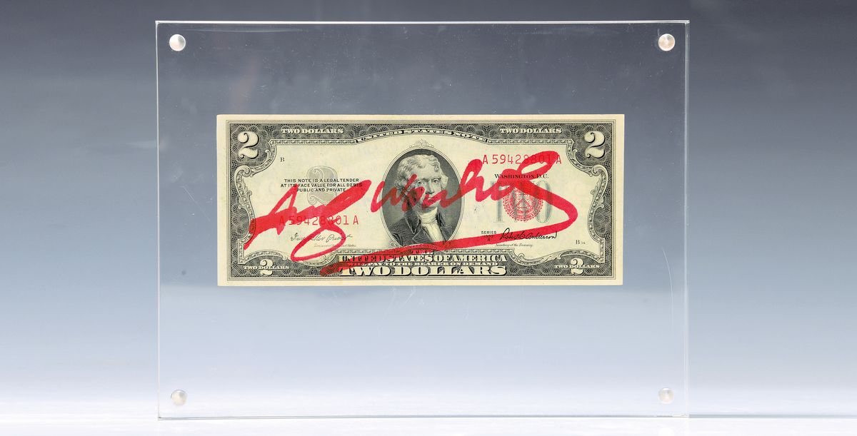 Andy Warhol, 1928-1987, "2 Dollars", dieser mit Magnet befestigt, sign., ca. 6,5x15,5 cm, gerahmt, gesamt ca. 15x20, mit Zertifikat