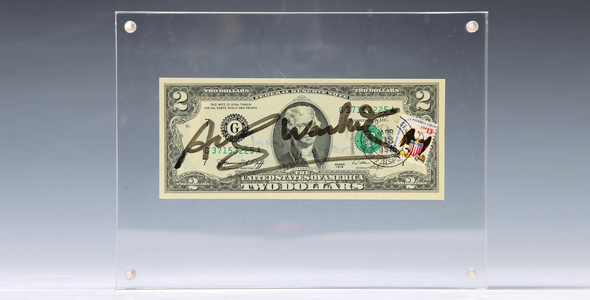 Andy Warhol, 1928-1987, " 2 Dollars", dieser mit Magnet befestigt, sign., ca.6,5x 15,5 cm, gerahmt, gesamt ca. 15x20 cm, mit Zertifikat