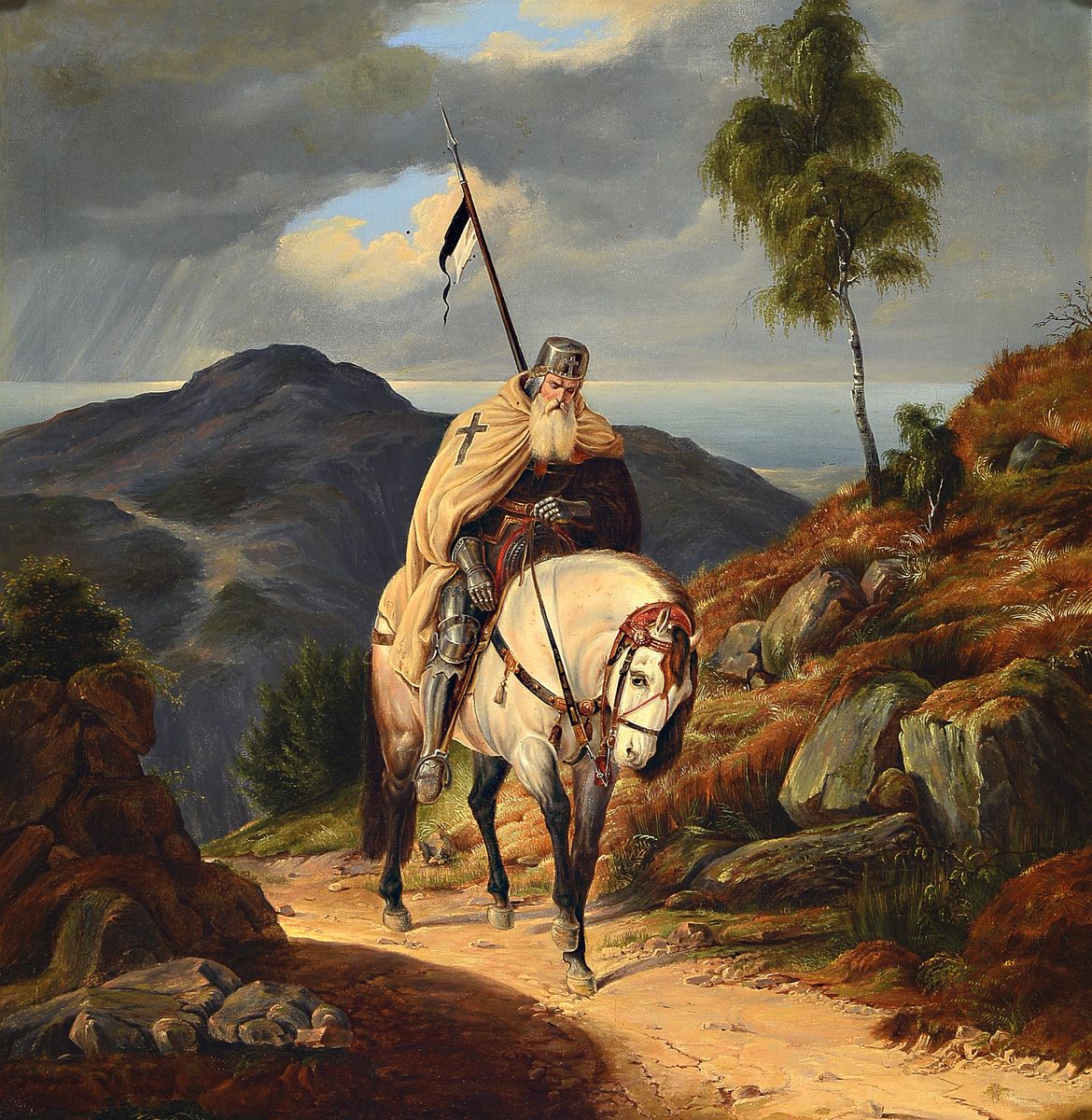 H. Poppe, Künstler 19. Jh., Kopie nach Karl Friedrich Lessing, Rückkehr vom Kreuzzug, Öl/Lwd, li. u. signiert und dat. 1851, restauriert bzw. ...