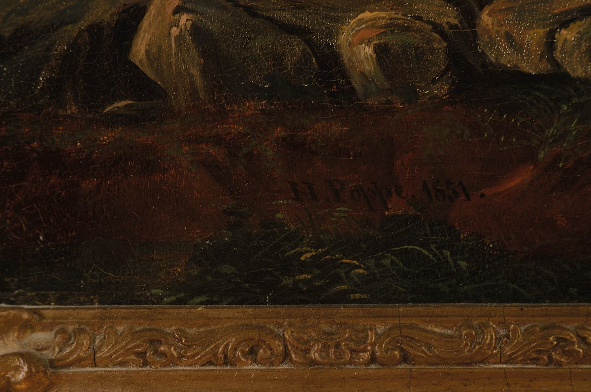 Detail a: H. Poppe, Künstler 19. Jh., Kopie nach Karl Friedrich Lessing, Rückkehr vom Kreuzzug, Öl/Lwd, li. u. signiert und dat. 1851, restauriert bzw. ...