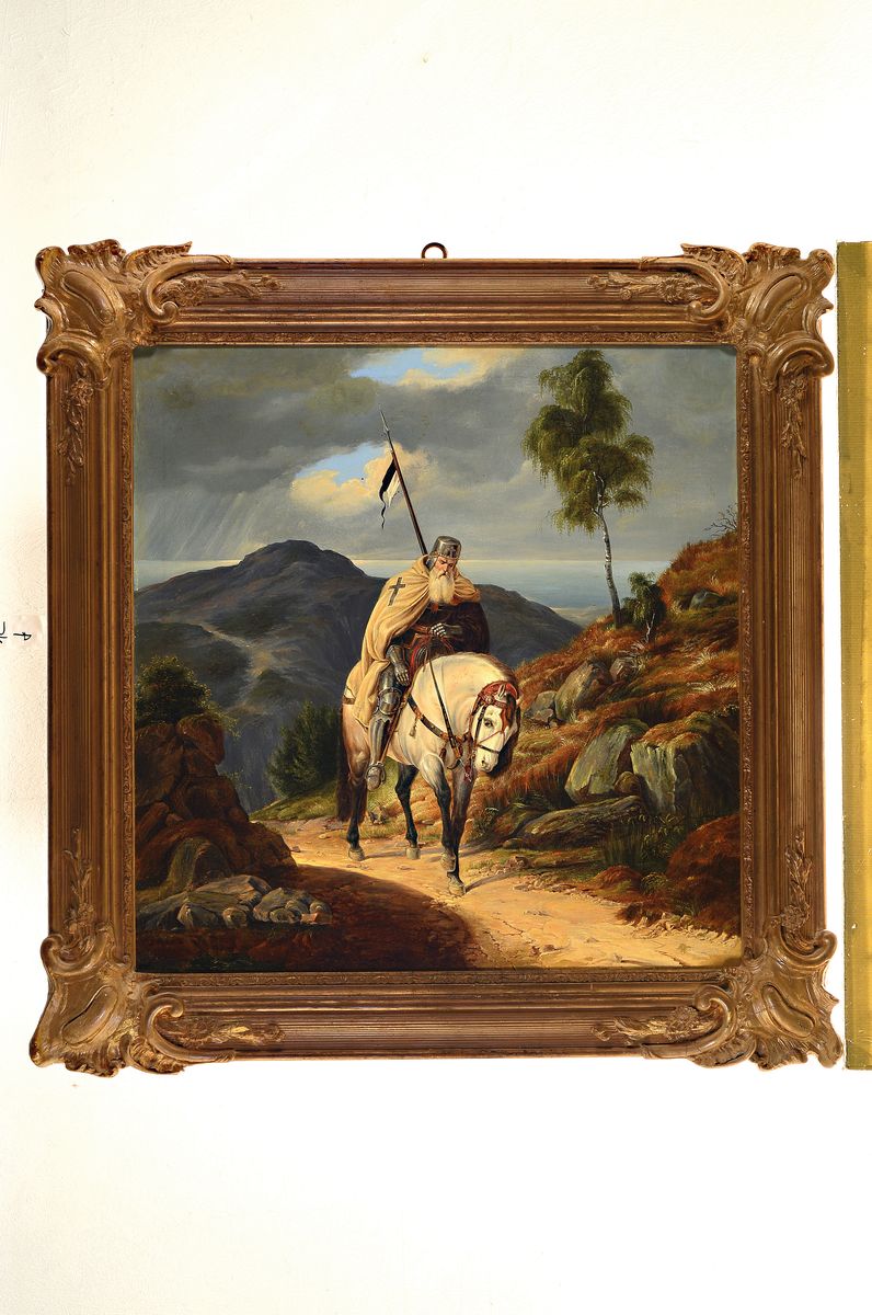 Detail k: H. Poppe, Künstler 19. Jh., Kopie nach Karl Friedrich Lessing, Rückkehr vom Kreuzzug, Öl/Lwd, li. u. signiert und dat. 1851, restauriert bzw. ...