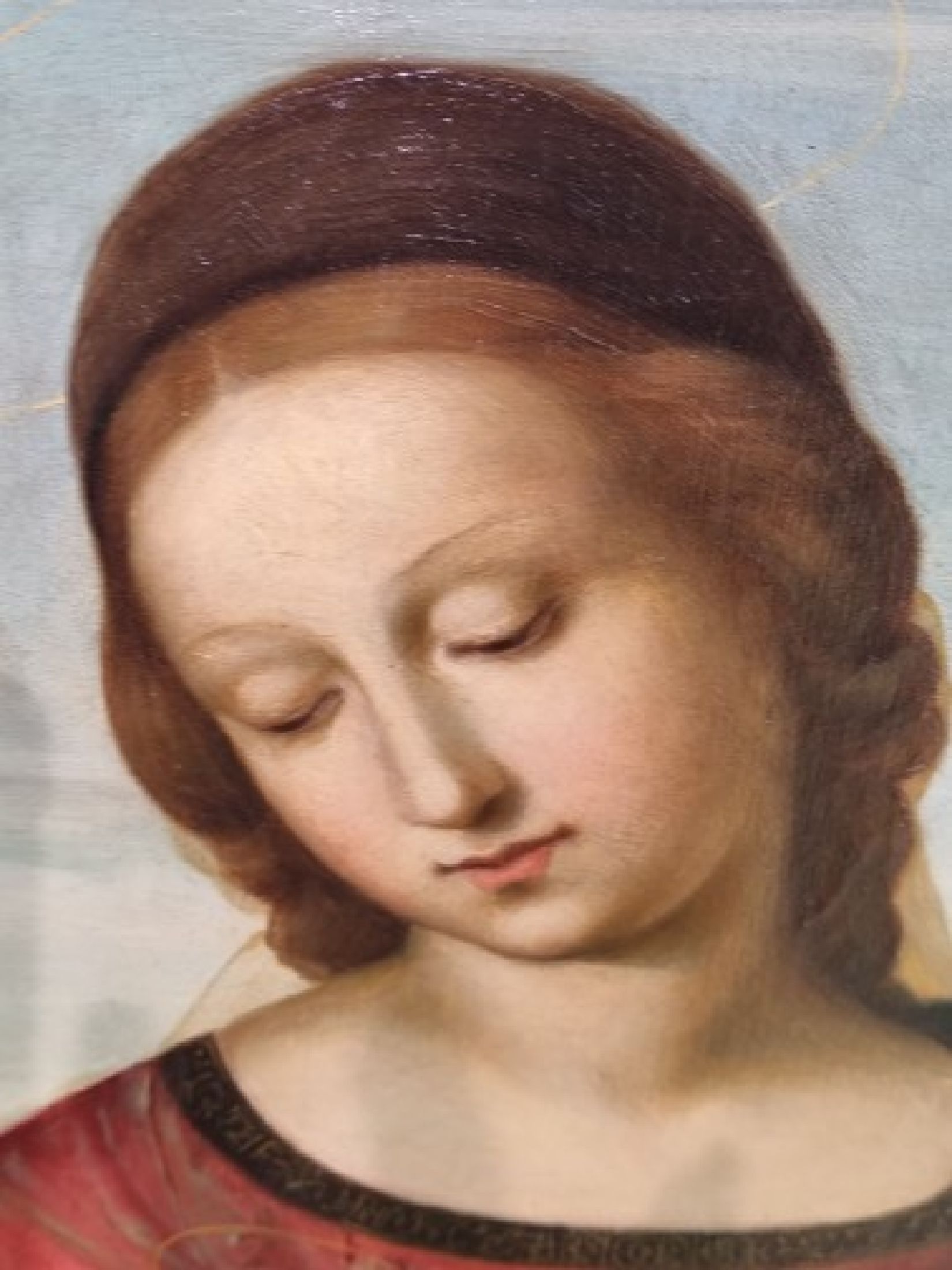 Detail i: Kopie nach Raffaelo Santi,"Madonna Terranuova", Öl/Lwd, gute Kopie aus der 2. Hälfte des 19. Jh., Öl/Lwd, vergoldeter Prunkrahmen, D. ...