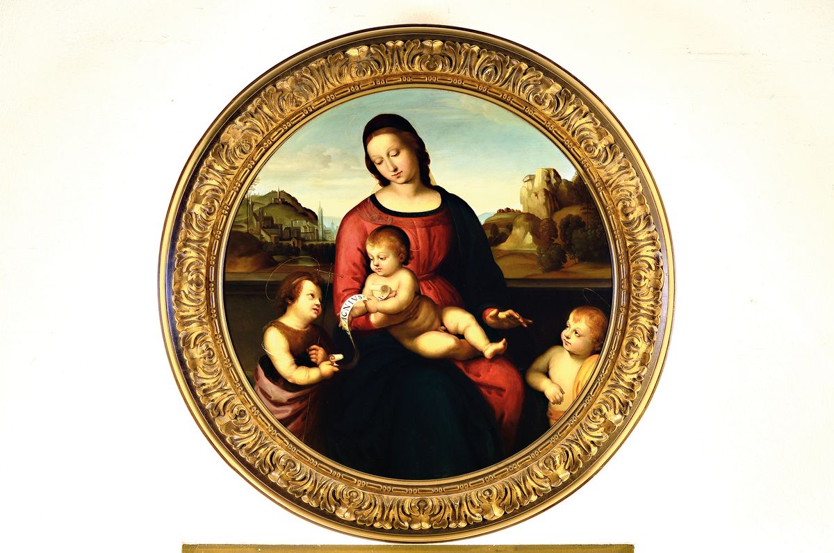 Detail k: Kopie nach Raffaelo Santi,"Madonna Terranuova", Öl/Lwd, gute Kopie aus der 2. Hälfte des 19. Jh., Öl/Lwd, vergoldeter Prunkrahmen, D. ...