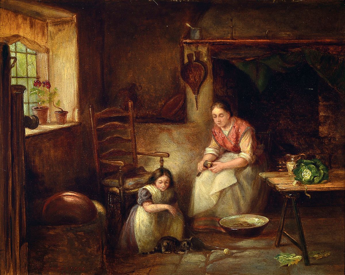 Thomas Hale Sanders, britischer Maler, um 1900, Kücheninterieur, Mutter schält Kartoffeln, das Kind spielt mit der Katze, Öl/Malkarton, links ...