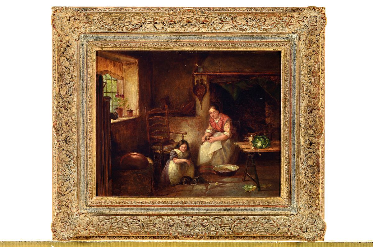 Detail k: Thomas Hale Sanders, britischer Maler, um 1900, Kücheninterieur, Mutter schält Kartoffeln, das Kind spielt mit der Katze, Öl/Malkarton, links ...