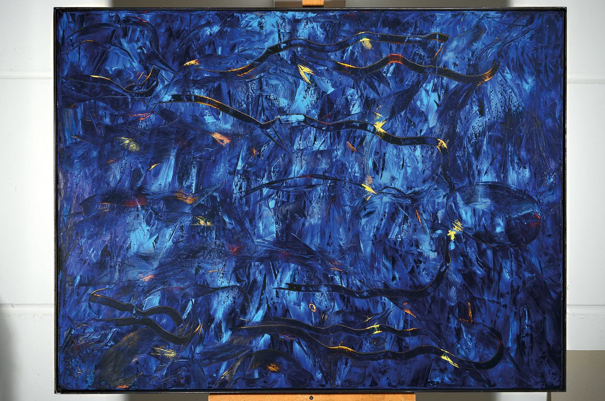 Detail k: Dietmar Brixy, geb. 1961 Mannheim, Studium an der Akademie Karlsruhe; "Der Welt entrückt", Komposition in Blau, expressiv-abstrakter ...