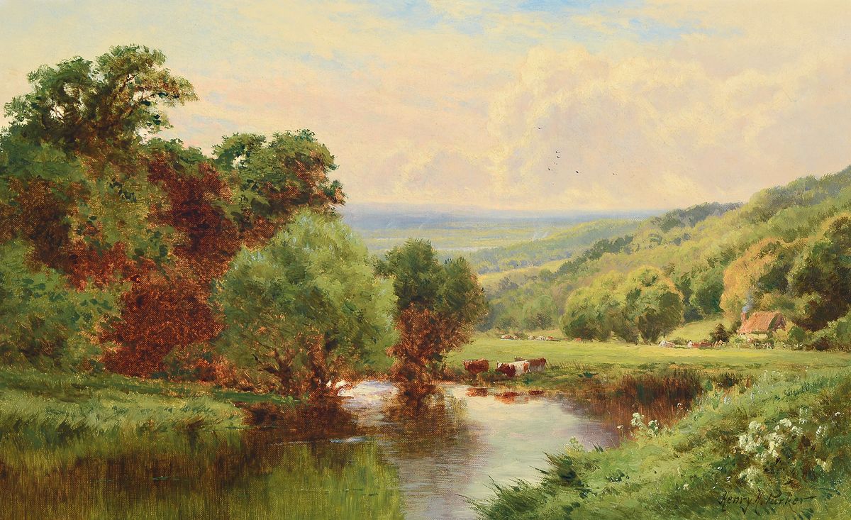 Henry H. Parker, 1858-1930, britischer Maler, A silent stream Hindhead, rückseitig so betitelt, weite sommerliche Landschaft mit Kühen am Bachlauf, ...