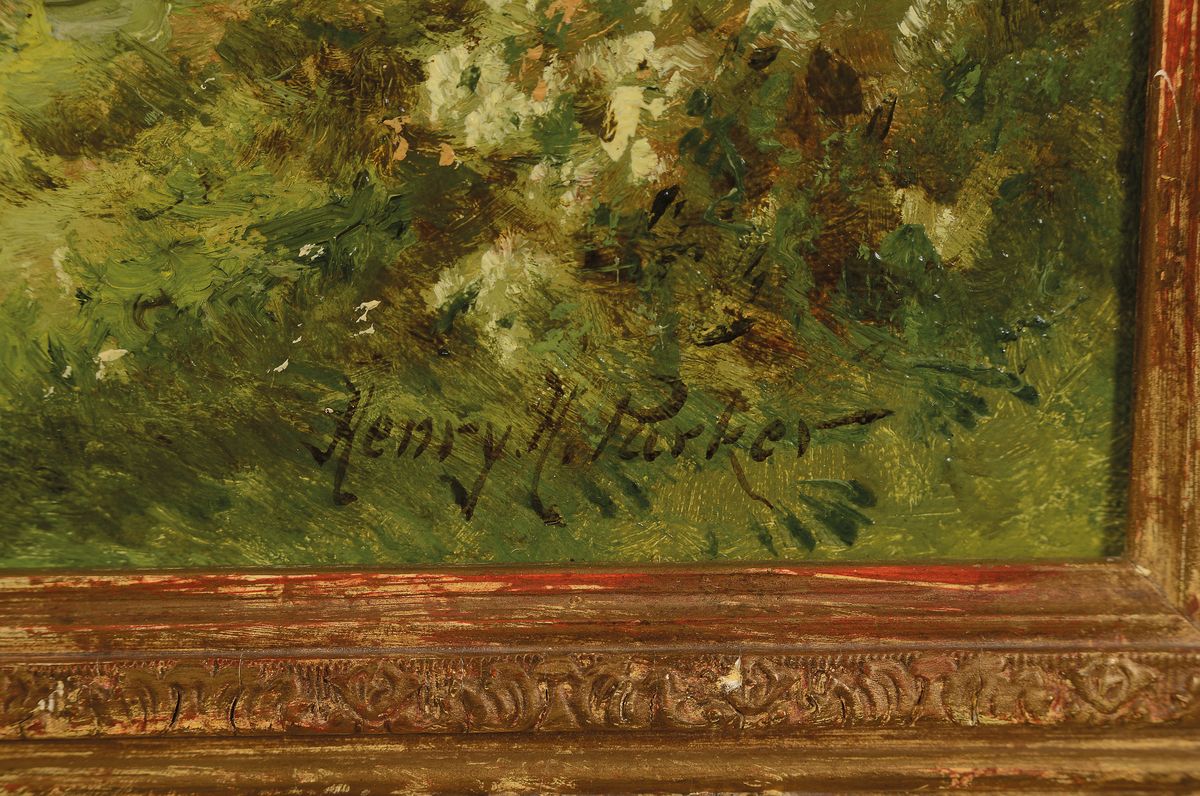 Detail a: Henry H. Parker, 1858-1930, britischer Maler, A silent stream Hindhead, rückseitig so betitelt, weite sommerliche Landschaft mit Kühen am Bachlauf, ...