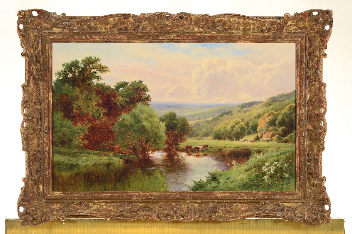 Detail k: Henry H. Parker, 1858-1930, britischer Maler, A silent stream Hindhead, rückseitig so betitelt, weite sommerliche Landschaft mit Kühen am Bachlauf, ...