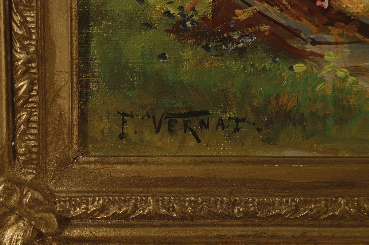 Detail a: F. Vernat, Maler um 1900, Auf dem Hühnerhof, Öl/Lwd, links unten signiert, ca. 24x33cm, Prunkrahmen mit Namensschild ca. 38x47cm