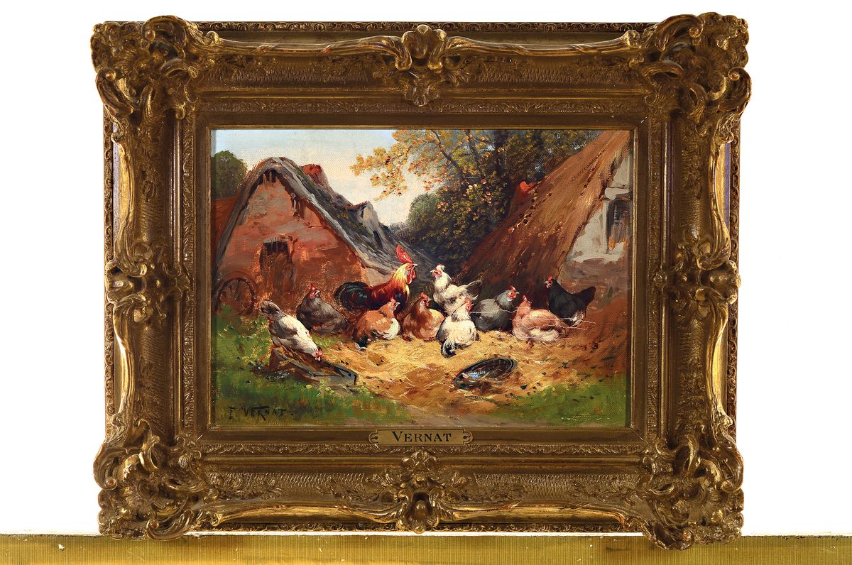 Detail k: F. Vernat, Maler um 1900, Auf dem Hühnerhof, Öl/Lwd, links unten signiert, ca. 24x33cm, Prunkrahmen mit Namensschild ca. 38x47cm