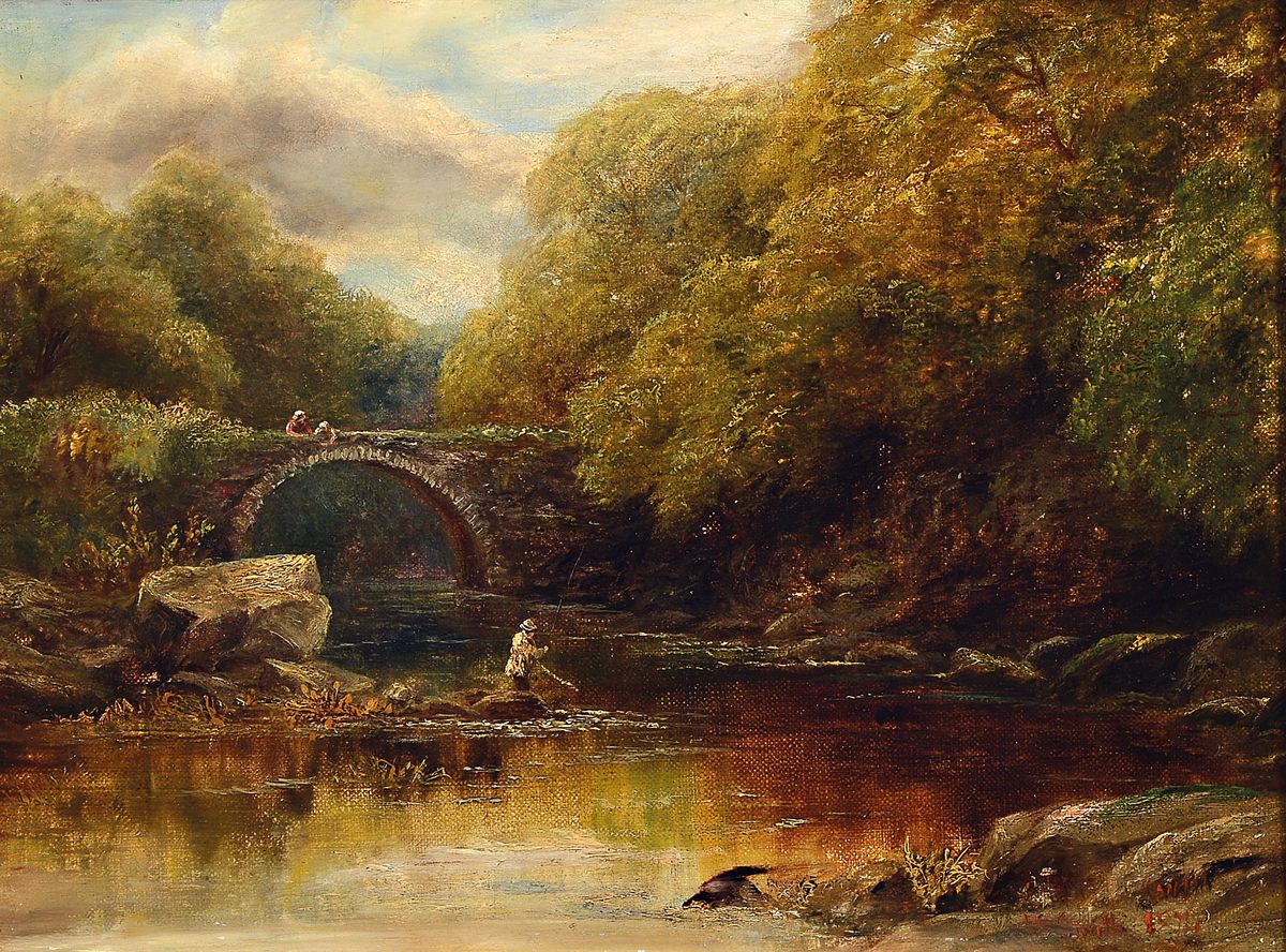 J.E. Smith, britischer Maler, datiert 1874, 19. Jh., Angler am Fluss, beobachtet von zwei Personen auf einer steinernen Brücke, Öl/Lwd, rechts ...