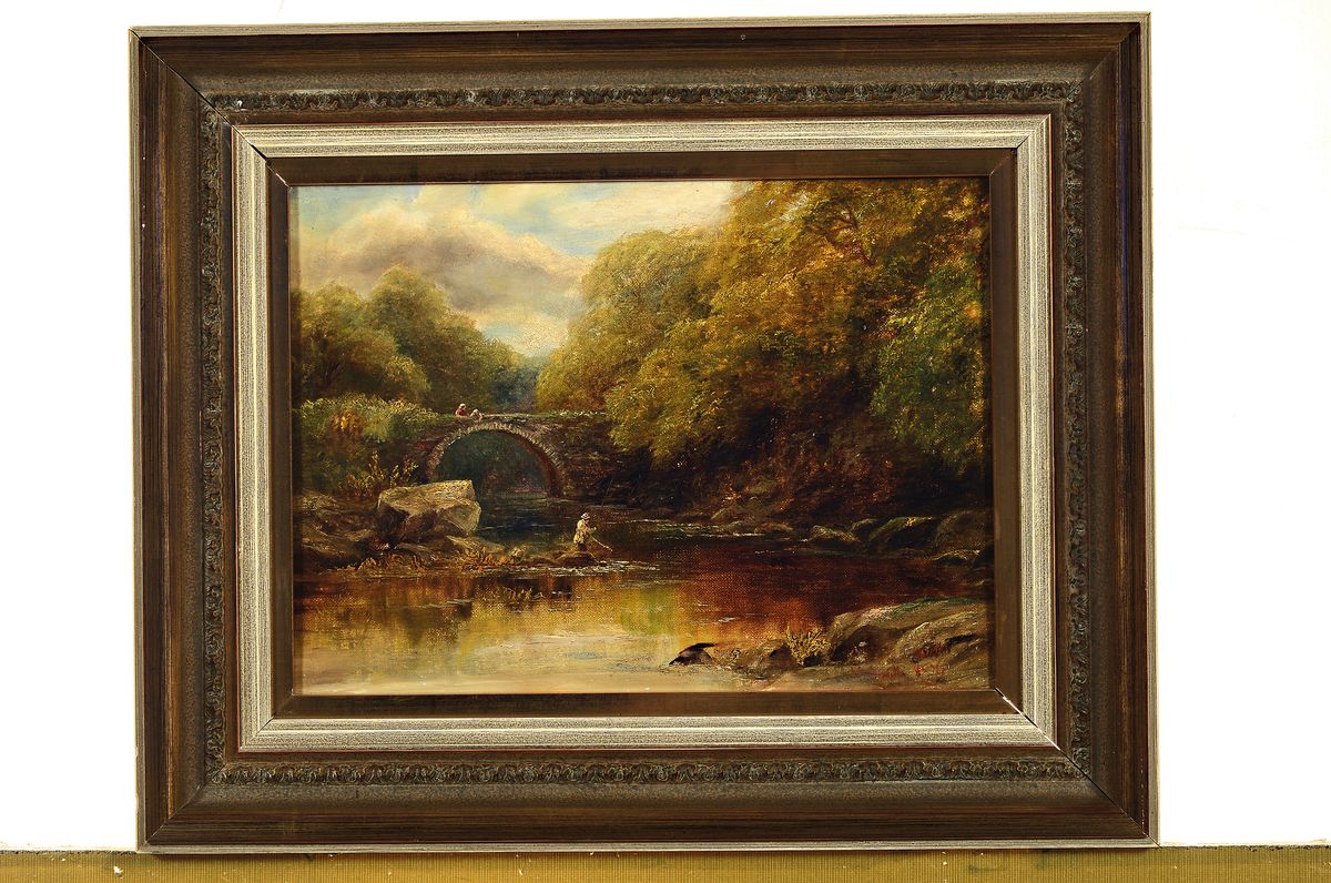 Detail k: J.E. Smith, britischer Maler, datiert 1874, 19. Jh., Angler am Fluss, beobachtet von zwei Personen auf einer steinernen Brücke, Öl/Lwd, rechts ...