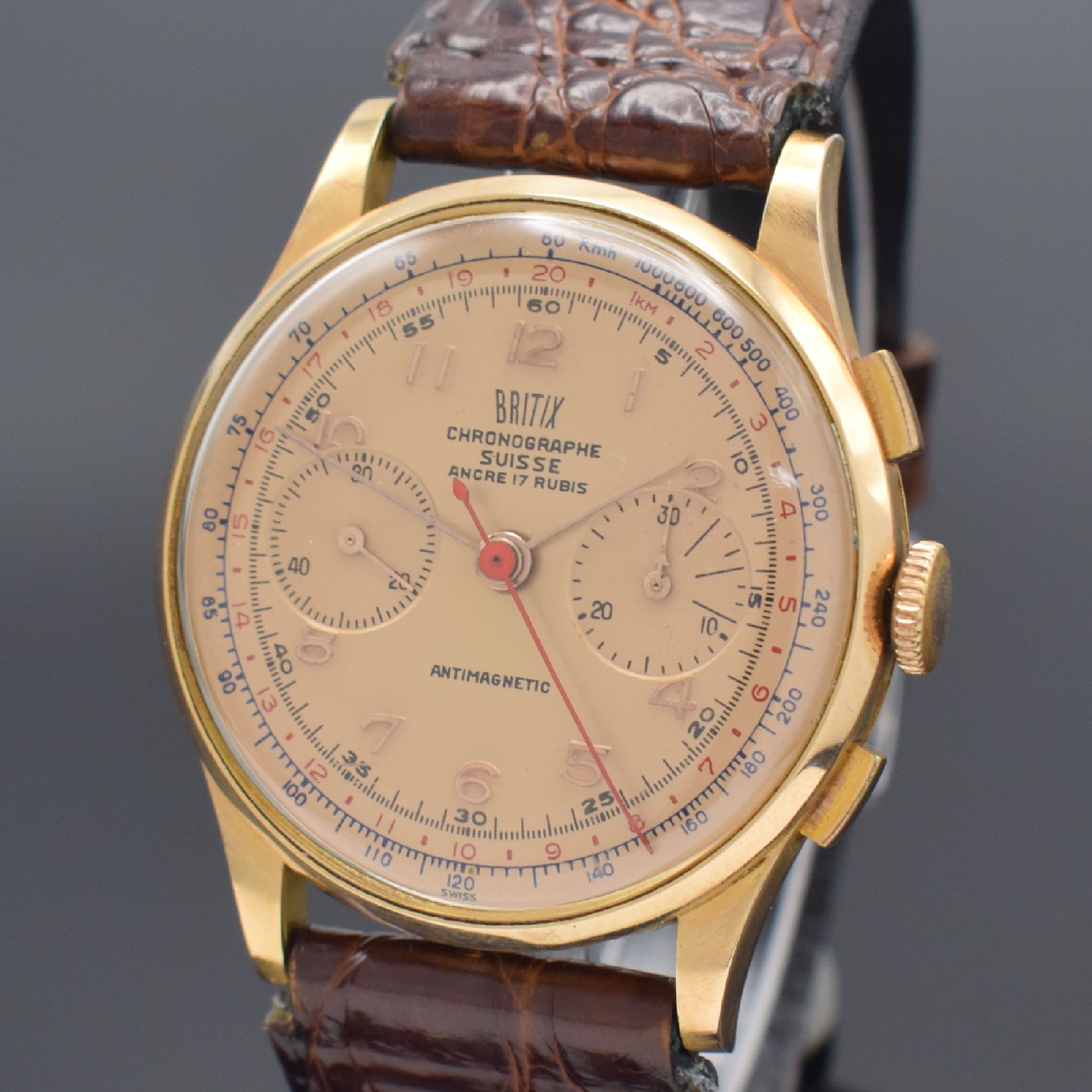 Detail a: BRITIX / Chronographe Suisse Herrenarmbanduhr mit Chronograph in RG 750/000, Schweiz um 1950, Handaufzug, 3-teil. Geh., Boden & Glasrand aufgedr., ...