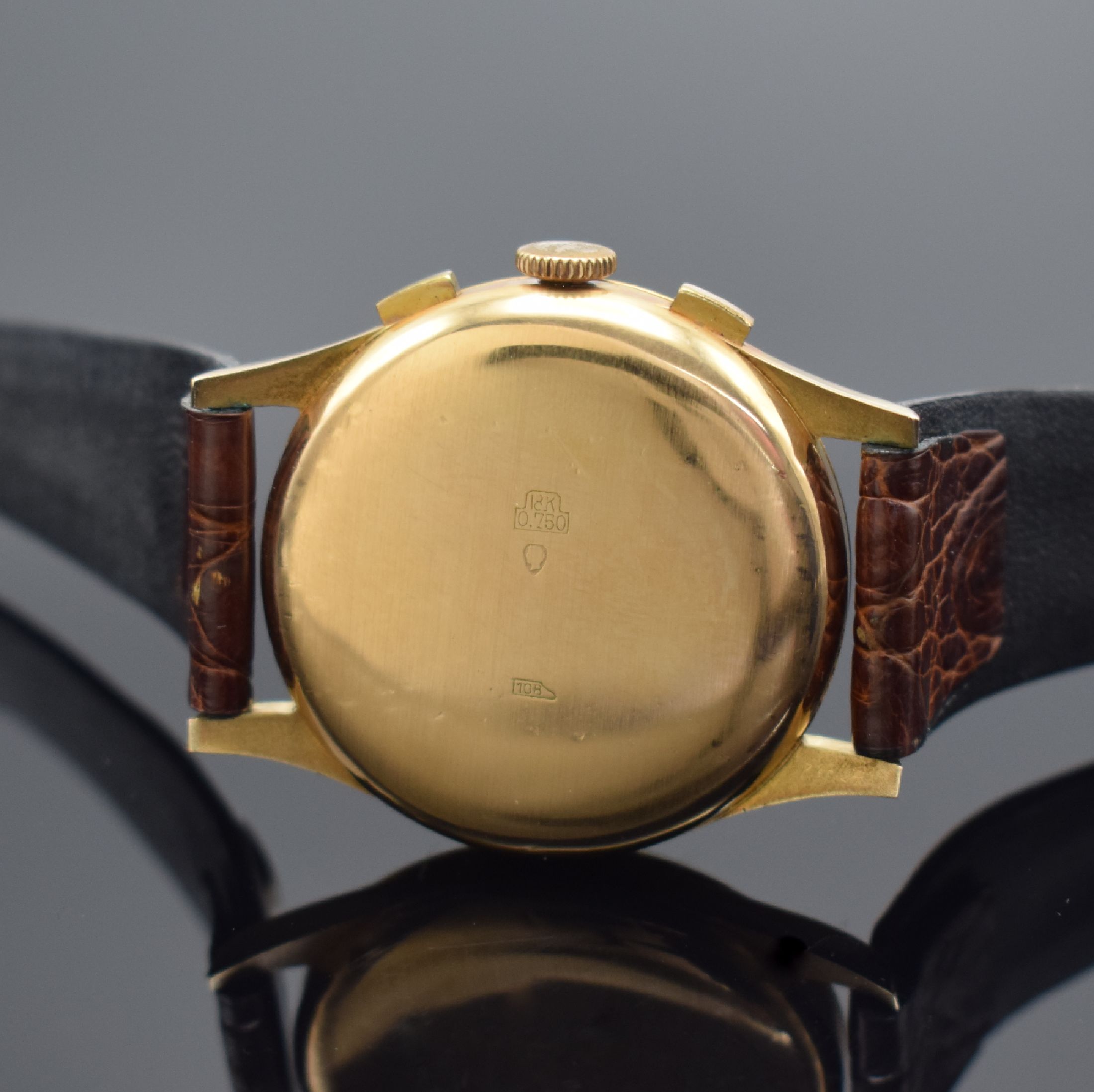 Detail c: BRITIX / Chronographe Suisse Herrenarmbanduhr mit Chronograph in RG 750/000, Schweiz um 1950, Handaufzug, 3-teil. Geh., Boden & Glasrand aufgedr., ...