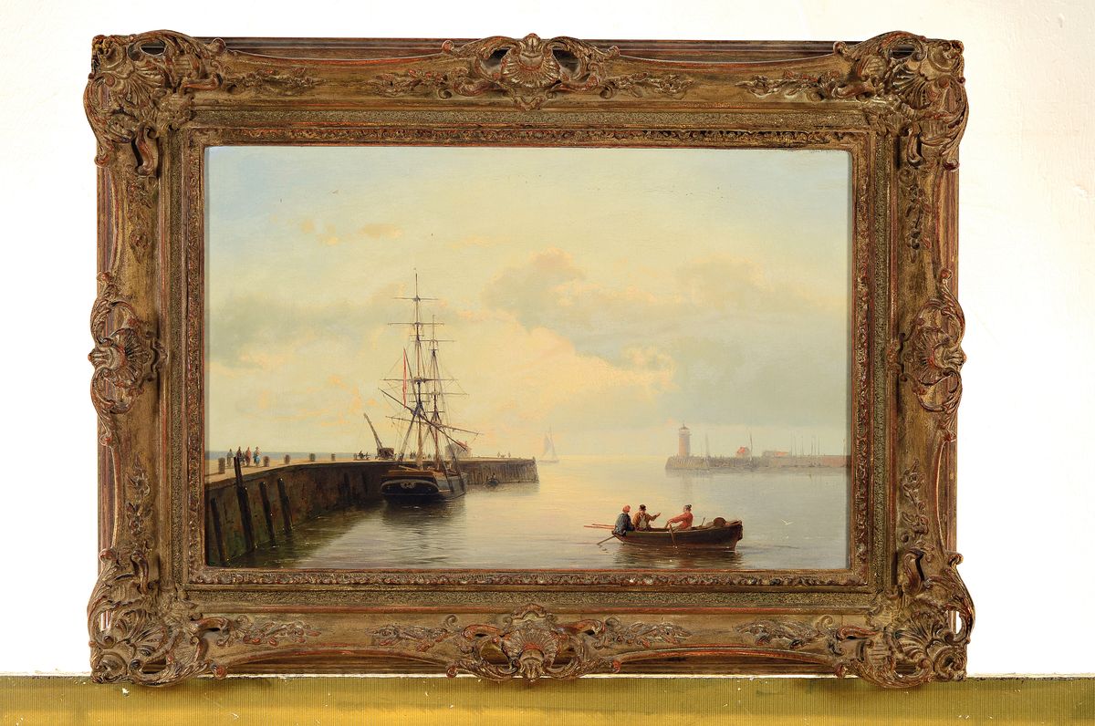 Detail k: Hermanus Koekkoek, 1815 Middelburg-1882 Haarlem, bedeutender niederländischer Marinemaler, Blick in einen Hafen, im Vordergrund Fischer in einem ...