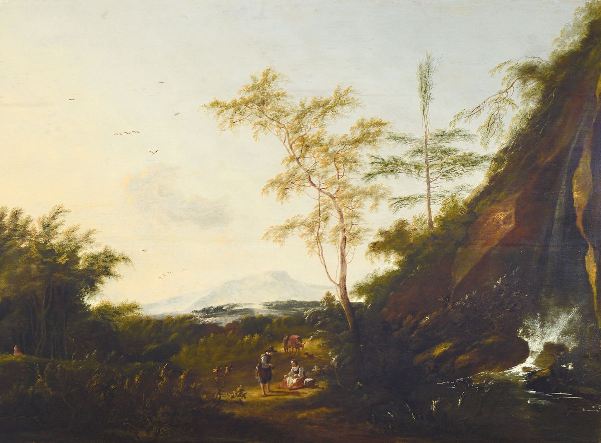 Monogrammist J.S., Niederlande, um 1720, Weite Landschaft mit Begegnung zweier Personen, im Hintergrund ein Mann mit Packpferd, seitlich rechts ein ...