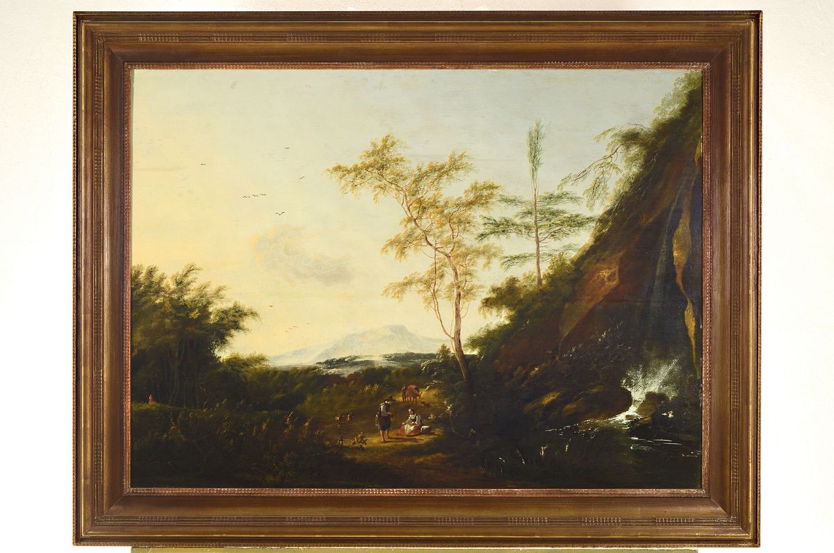 Detail k: Monogrammist J.S., Niederlande, um 1720, Weite Landschaft mit Begegnung zweier Personen, im Hintergrund ein Mann mit Packpferd, seitlich rechts ein ...