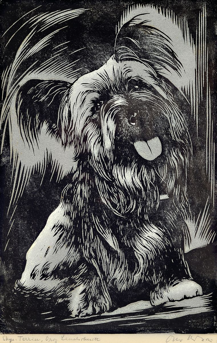 Detail c: Otto Urbar, erste Hälfte 20. Jh., Linolschnitte, alle handsigniert, u.a. Frau vor Stadtansicht, num. 1/100, 26 x 18.5 cm, Skye-Terrier, ca. 29.5 x ...