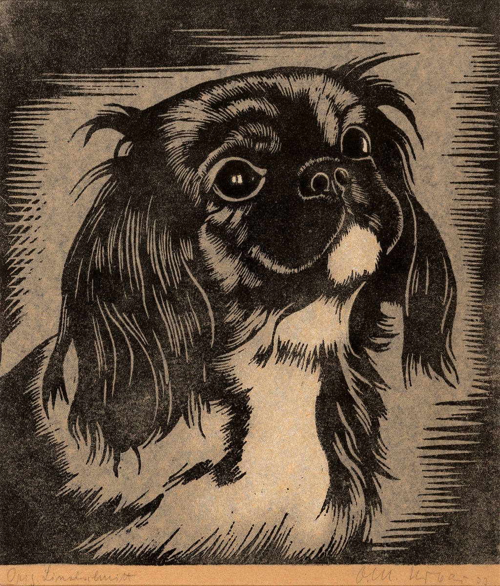 Detail h: Otto Urbar, erste Hälfte 20. Jh., Linolschnitte, alle handsigniert, u.a. Frau vor Stadtansicht, num. 1/100, 26 x 18.5 cm, Skye-Terrier, ca. 29.5 x ...