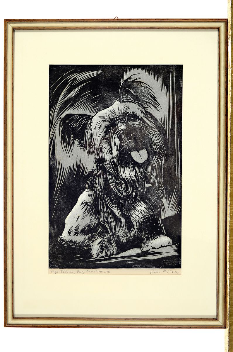 Detail n: Otto Urbar, erste Hälfte 20. Jh., Linolschnitte, alle handsigniert, u.a. Frau vor Stadtansicht, num. 1/100, 26 x 18.5 cm, Skye-Terrier, ca. 29.5 x ...
