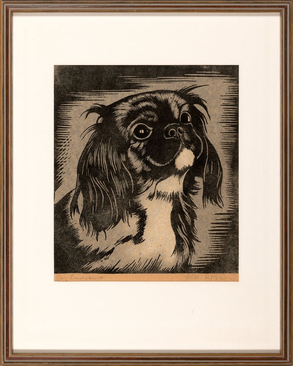 Detail s: Otto Urbar, erste Hälfte 20. Jh., Linolschnitte, alle handsigniert, u.a. Frau vor Stadtansicht, num. 1/100, 26 x 18.5 cm, Skye-Terrier, ca. 29.5 x ...