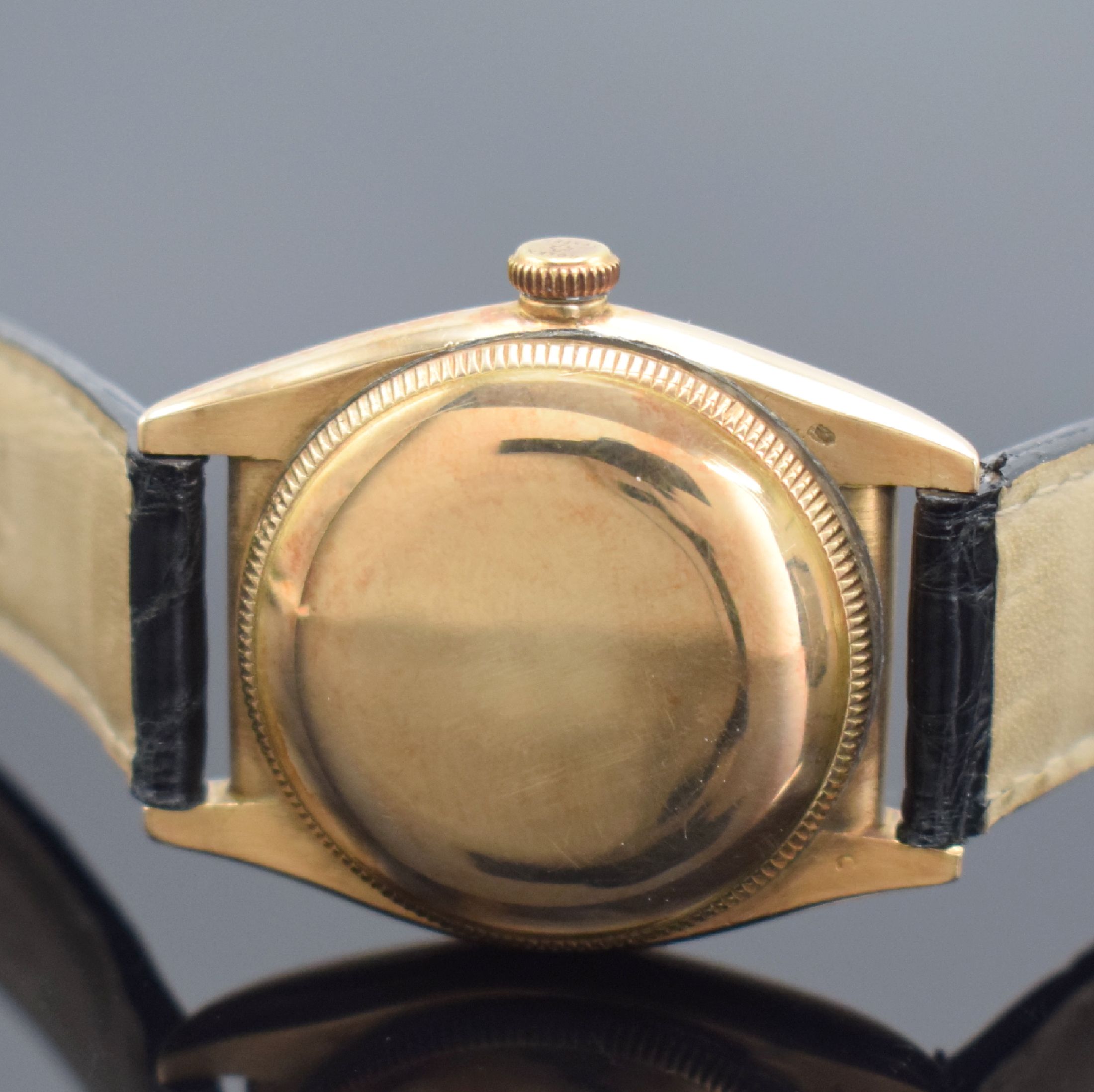 Detail d: ROLEX Bubble Back Chronometer Herrenarmbanduhrin RoseG 585/000 Referenz 3131, Schweiz um 1946, Automatik, verschr. Geh. m. glatter Lünette, verschr. ...