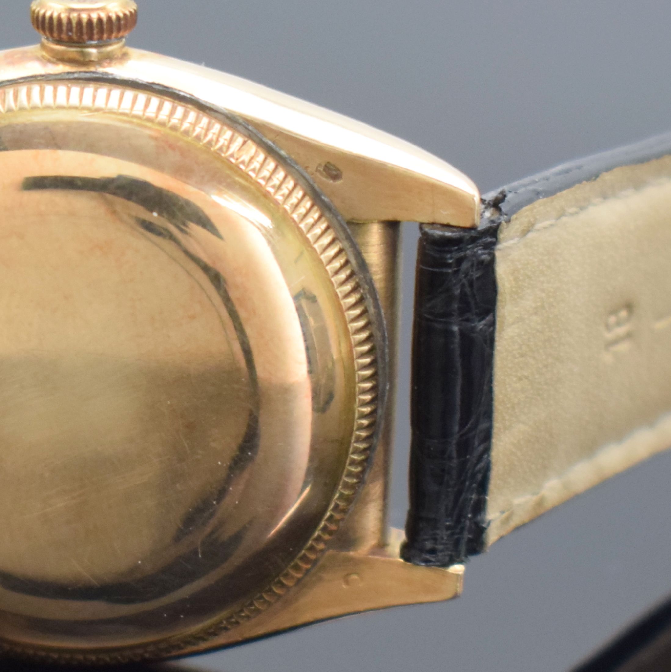 Detail e: ROLEX Bubble Back Chronometer Herrenarmbanduhrin RoseG 585/000 Referenz 3131, Schweiz um 1946, Automatik, verschr. Geh. m. glatter Lünette, verschr. ...