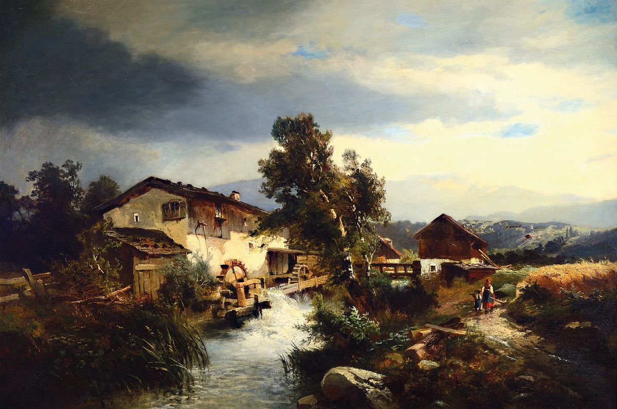 Heinrich Hiller, 1846-1912 Berlin, stellte bei den Akademie Ausstellungen in Berlin und Dresden aus, hier: Weite Landschaft mit Mühle am Bach, ...
