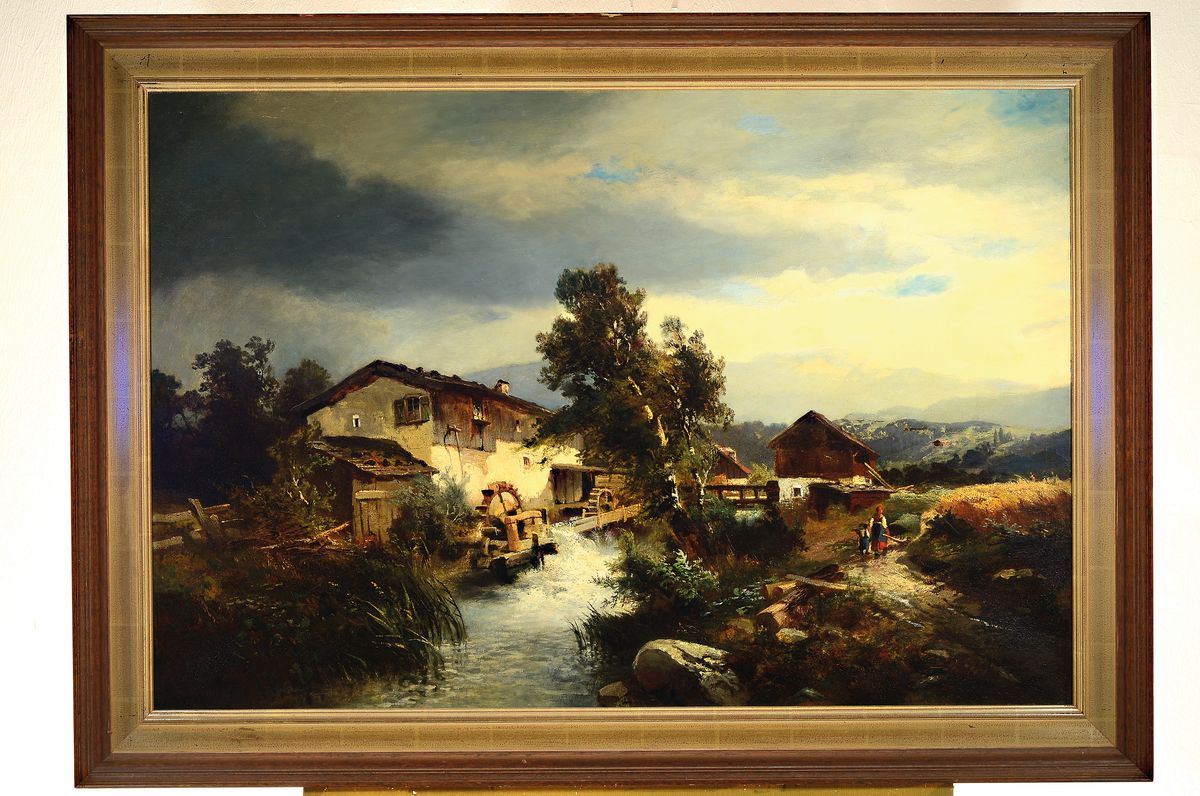 Detail k: Heinrich Hiller, 1846-1912 Berlin, stellte bei den Akademie Ausstellungen in Berlin und Dresden aus, hier: Weite Landschaft mit Mühle am Bach, ...