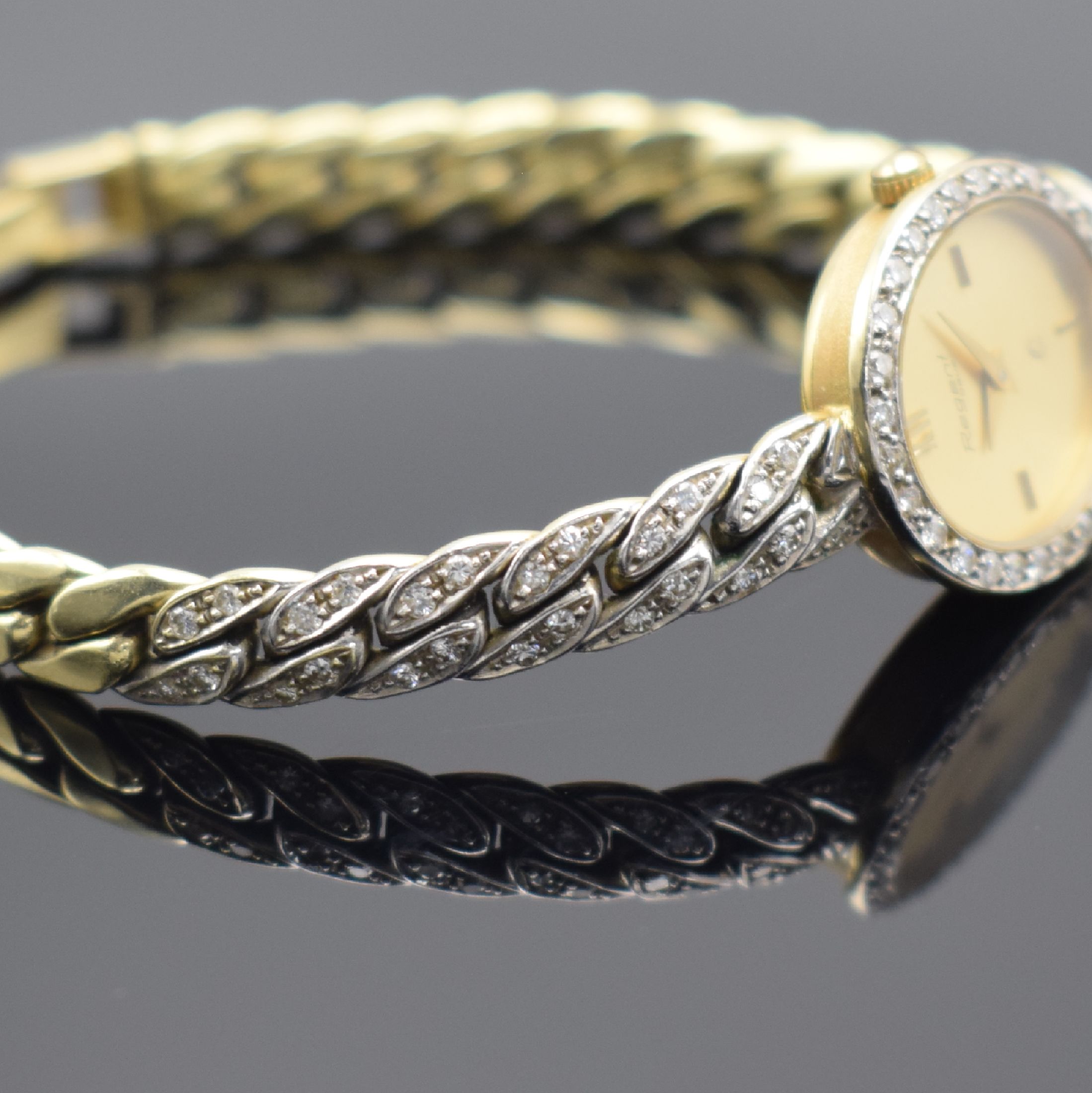 Detail c: REGENT bauer Damenarmbanduhr in GG 585/000 mit Diamantbesatz, Schweiz um 1980, quarz, Boden aufgedr., Lünette wie Band teilw. m. Diamanten bes., ...