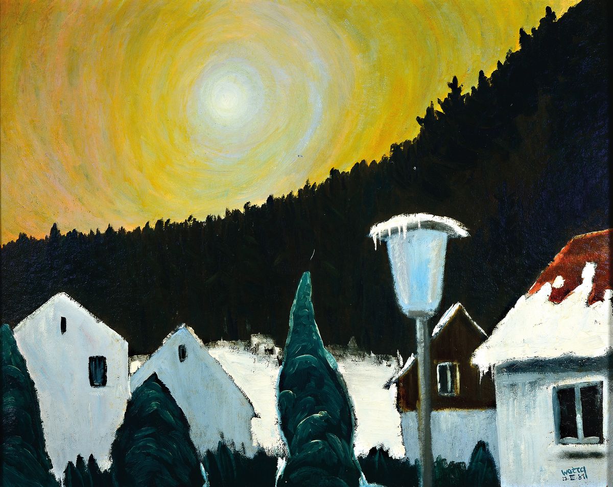 Wozcq, zeitgen. Künstler, datiert 30.IV.1981, Die Sonne versteckt sich gerade hinter dem Kohlkopf, so rückseitig betitelt, Öl/Malkarton, ...