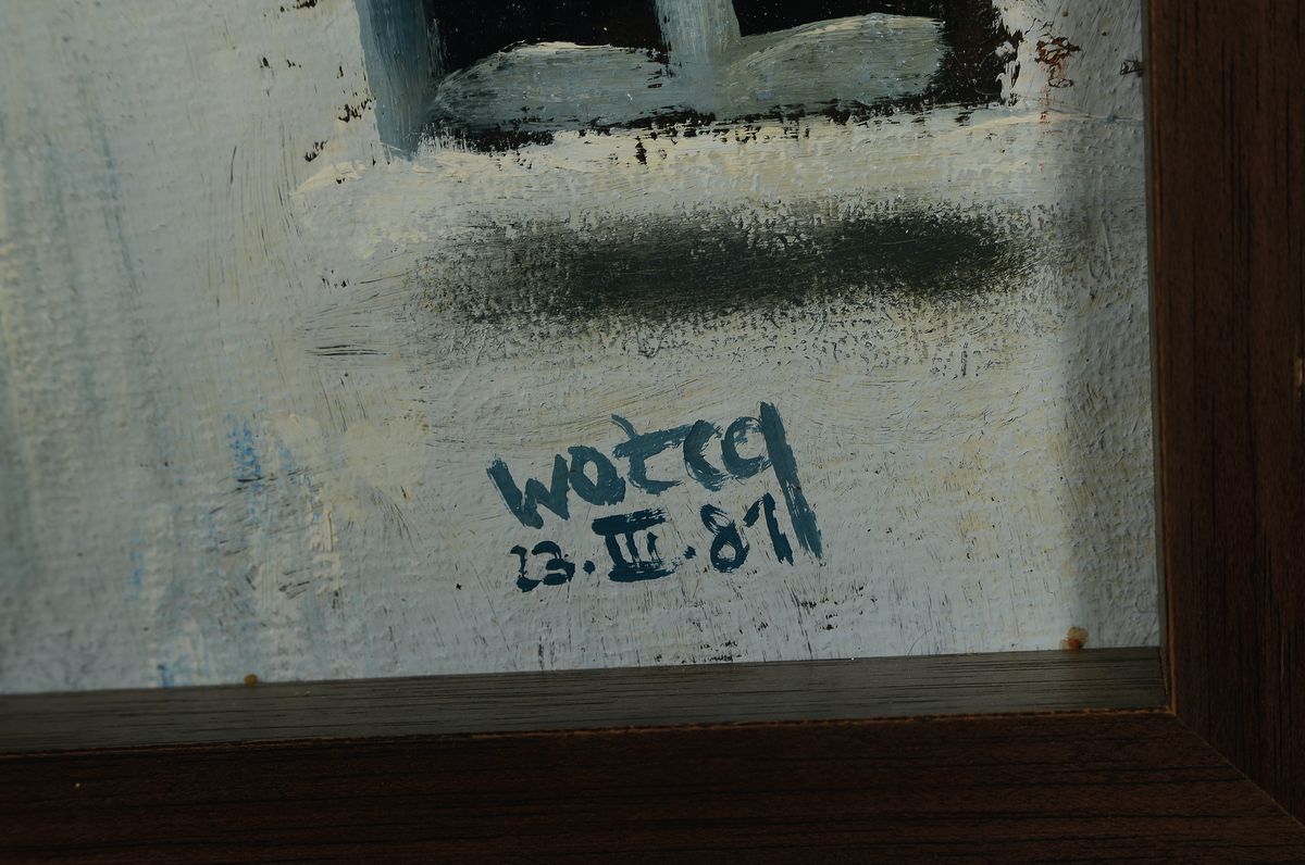 Detail a: Wozcq, zeitgen. Künstler, datiert 30.IV.1981, Die Sonne versteckt sich gerade hinter dem Kohlkopf, so rückseitig betitelt, Öl/Malkarton, ...