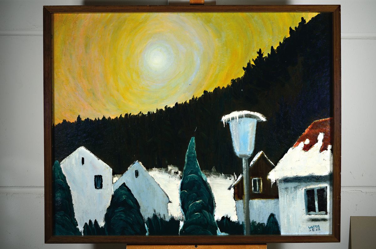 Detail k: Wozcq, zeitgen. Künstler, datiert 30.IV.1981, Die Sonne versteckt sich gerade hinter dem Kohlkopf, so rückseitig betitelt, Öl/Malkarton, ...