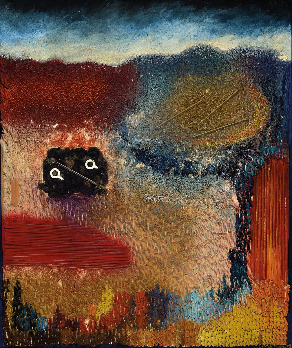 Wozcq, zeitgen. Künstler, dat. 28.XI.79, CK8, so rückseitig betitelt, moderne Collage mit Öl und Acryl, Kunststoffen, Schaumstoff, goldfarben ...