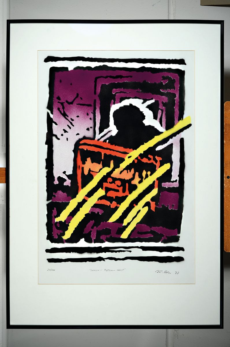 Detail k: Reinhard Ader, geb. 1969 Kaiserslautern, tätig in Speyer, hier: Innen-Außen-Welt, Farblithographie von 1988, signiert, datiert, betitelt und num. ...
