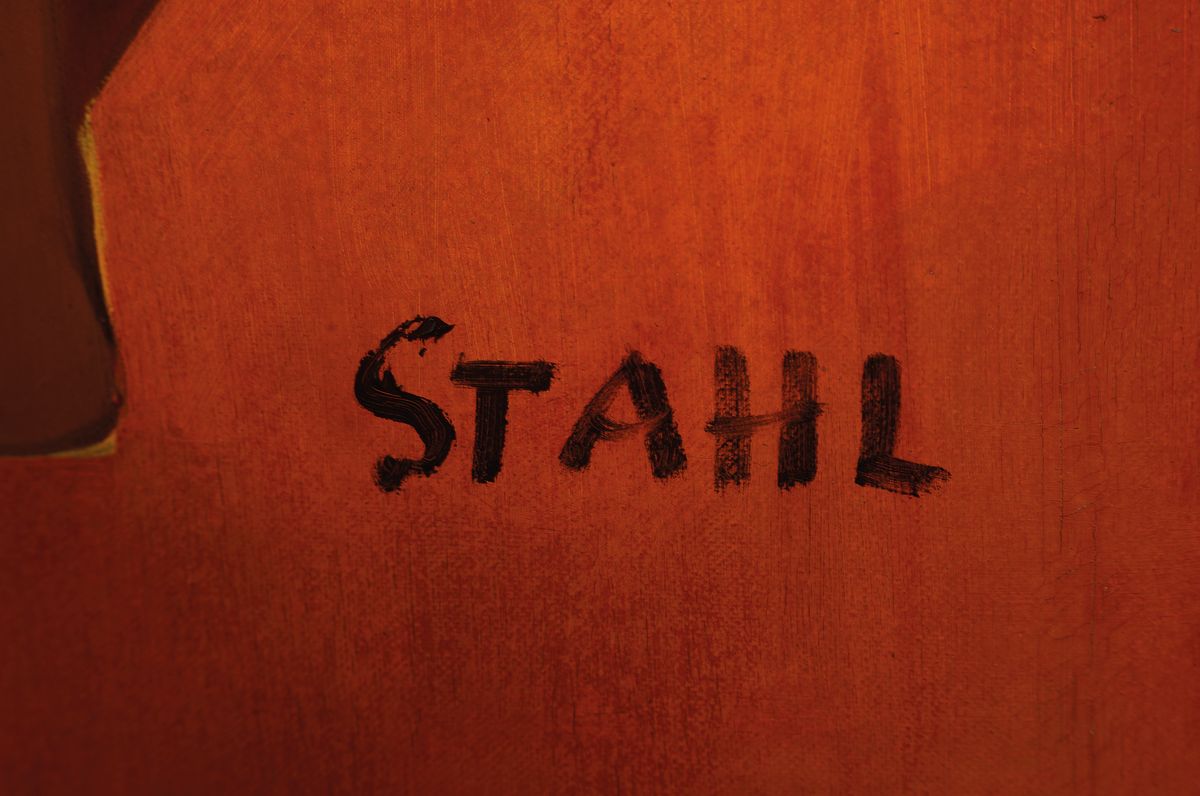 Detail a: Stahl, ungedeuteter Künstler der 2.H. des 20 .Jh., kubistische Komposition, Farbverwandschaftliches Kolorit in rot - und orangetönen, rechts unten ...