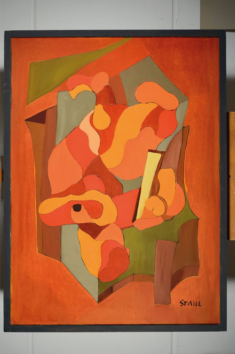 Detail k: Stahl, ungedeuteter Künstler der 2.H. des 20 .Jh., kubistische Komposition, Farbverwandschaftliches Kolorit in rot - und orangetönen, rechts unten ...